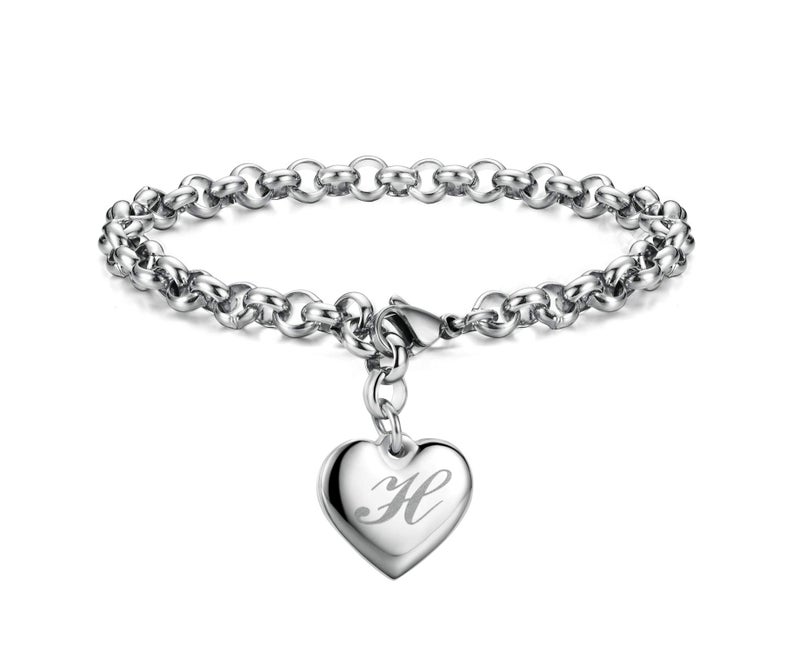 Monily Valentine's Day Initial Charm Bracelets for Women Stainless Steel Charm Letters H Alphabet Heart Bracelet Jewelry Gifts for Women - Image 1